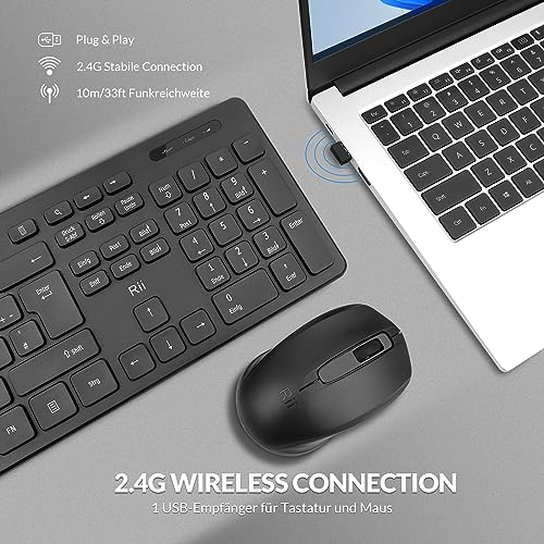 【2-Pack】 Rii Tastatur Maus Set kabellos, Funktastatur mit Maus, Wireless Keyboard and Mouse, Für PC/Laptop/Windows/Smart TV, Deutsches Layout - schwarz Bild 2