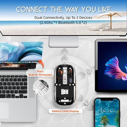 MAGIC-REFINER HXSJ Kabellose Maus Bluetooth, 2,4GHz+Bluetooth 5.0 Funkmaus Wiederaufladbare Leise Ultra Slim 2400DPI, Gaming Maus Transparente, Akkuladestand Sichtbar, für Laptop/PC/Mac/Tablet-Schwarz Bild 3