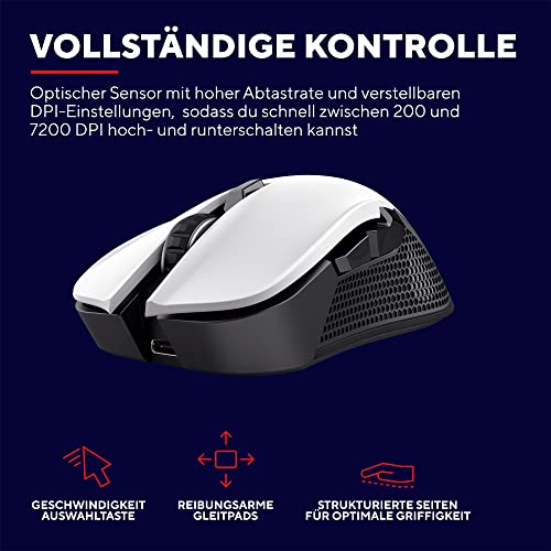 Trust Gaming GXT 923W Ybar Wiederaufladbare Kabellose Gaming-Maus, Geringer Latenz 2.4GHz, 50 Stunden Akkulaufzeit, 200-7200 DPI, 69% Recyclingkunststoff, PC, Laptop, Computer, Windows – Weiß Bild 4