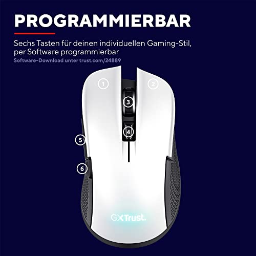 Trust Gaming GXT 923W Ybar Wiederaufladbare Kabellose Gaming-Maus, Geringer Latenz 2.4GHz, 50 Stunden Akkulaufzeit, 200-7200 DPI, 69% Recyclingkunststoff, PC, Laptop, Computer, Windows – Weiß Bild 6