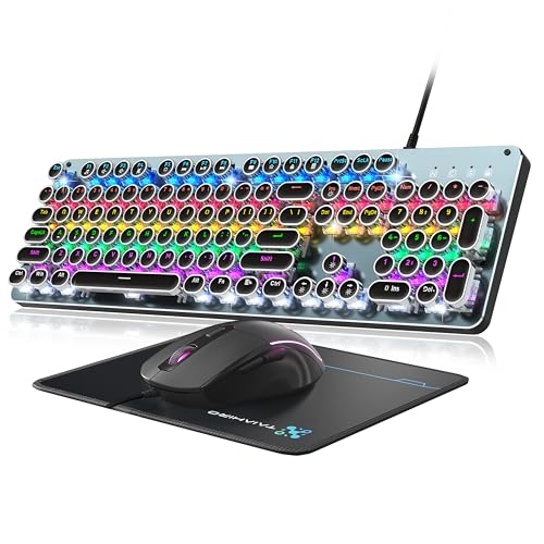 Typewriter Mechanische Gaming-Tastatur und Maus, 104 Tasten, Retro-Tastaturen in voller Größe, Metall-Panel, Punk, runde Tastenkappe, Clicky Blue Switch mit RGB-Hintergrundbeleuchtung, Maus und Bild 1