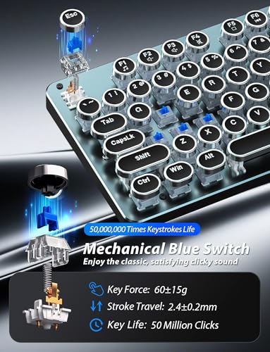 Typewriter Mechanische Gaming-Tastatur und Maus, 104 Tasten, Retro-Tastaturen in voller Größe, Metall-Panel, Punk, runde Tastenkappe, Clicky Blue Switch mit RGB-Hintergrundbeleuchtung, Maus und Bild 3