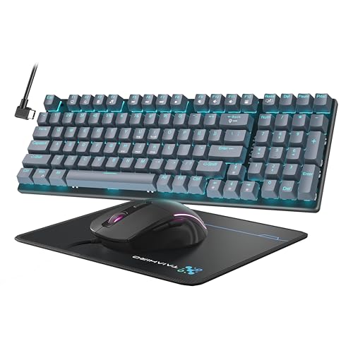 Mechanische Gaming-Tastatur und -Maus, 98 Tasten, LED-Hintergrundbeleuchtung, grauer schwimmender Tastenkappe, roter Schalter, ergonomische RGB-Gaming-Maus mit Mauspad-Kombination, Anti-Ghost-Tastatur Bild 1