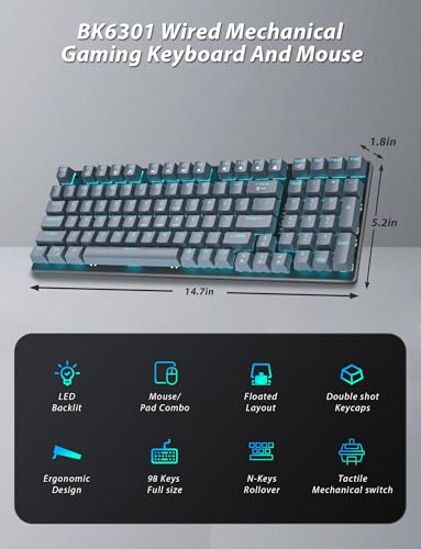 Mechanische Gaming-Tastatur und -Maus, 98 Tasten, LED-Hintergrundbeleuchtung, grauer schwimmender Tastenkappe, roter Schalter, ergonomische RGB-Gaming-Maus mit Mauspad-Kombination, Anti-Ghost-Tastatur Bild 2