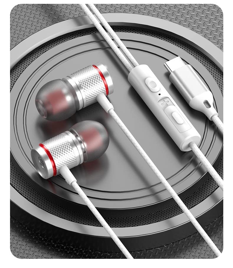 In-Ear USB-C Kopfhörer Sport Headset BASS für iPhone Huawei Samsung iPad Xiaomi Google weiß Silber mit Kabel und Mikrofon Bild 2