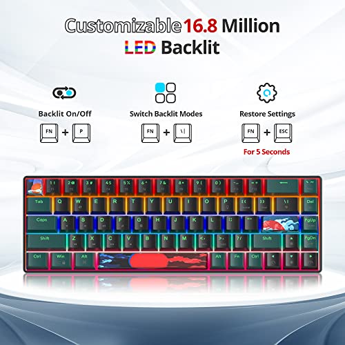 SOLIDEE mechanische Gaming Tastatur 65%,68 Tasten mit Lineare rote Schalter,kabelgebundene mechanische Tastatur mit LED-Hintergrundbeleuchtung,gemischtes Licht kompakte(68 Black-Green) Bild 4
