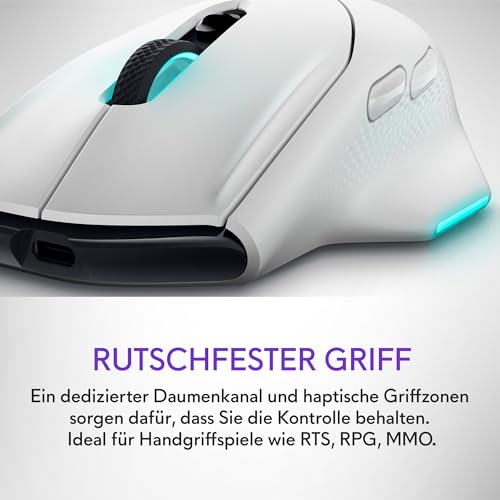 Alienware AW620M Wireless Gamingmaus, 26.000 DPI, 650 IPS, kabelgebundenes Gaming mit 1.000-Hz-Polling 2,4-GHz-USB-C-WLAN-Dongle, AlienFX-RGB, Lunar Light Bild 3