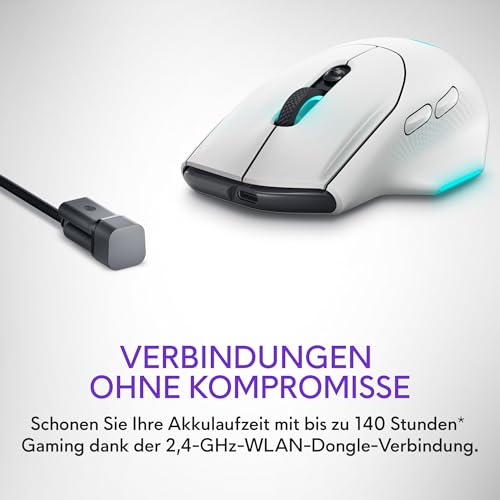 Alienware AW620M Wireless Gamingmaus, 26.000 DPI, 650 IPS, kabelgebundenes Gaming mit 1.000-Hz-Polling 2,4-GHz-USB-C-WLAN-Dongle, AlienFX-RGB, Lunar Light Bild 7