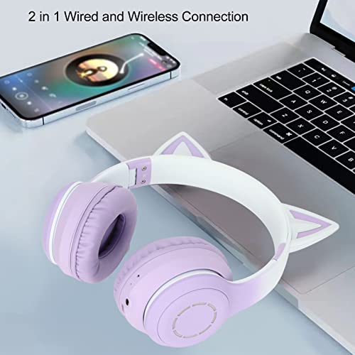 Dioche Faltbare Kopfhörer Lila Katzenohr Bluetooth-Kopfhörer Abs Katzenohr Bluetooth Gaming-Kopfhörer Drahtloses Faltbares Musik-Headset mit LED-Licht Abnehmbares Mikrofon 3,5-mm-Kabel (Lila) Bild 3