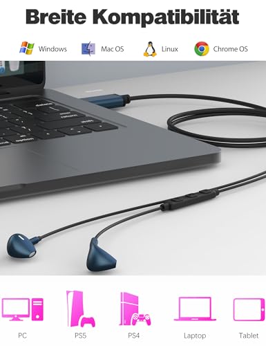USB In Ear PC Headset mit eingebautem Mikrofon Lautstärkeregler USB Kabelgebundener Gaming Kopfhörer für PC PS4 PS5 Laptop Desktop Chromebook Home Office Online Courses Skype Zoom - 2m Bild 2
