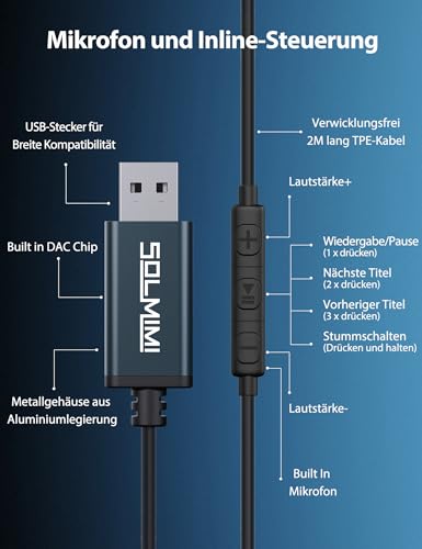 USB In Ear PC Headset mit eingebautem Mikrofon Lautstärkeregler USB Kabelgebundener Gaming Kopfhörer für PC PS4 PS5 Laptop Desktop Chromebook Home Office Online Courses Skype Zoom - 2m Bild 3
