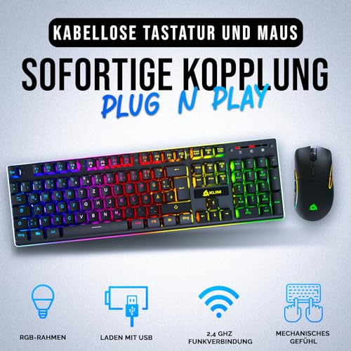 KLIM Thunder Wireless Gaming Keyboard und Maus Combo - New 2023 - Wireless Backlit Tastatur mit langlebigem integriertem Akku + 4800 DPI RGB Kabellose Gaming Mouse für PC Bild 2