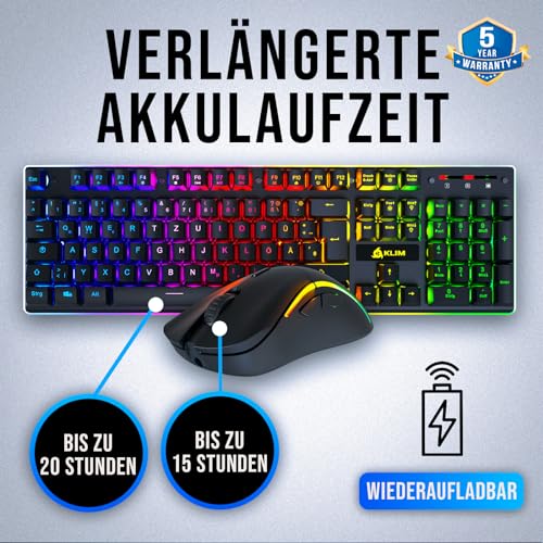KLIM Thunder Wireless Gaming Keyboard und Maus Combo - New 2023 - Wireless Backlit Tastatur mit langlebigem integriertem Akku + 4800 DPI RGB Kabellose Gaming Mouse für PC Bild 3