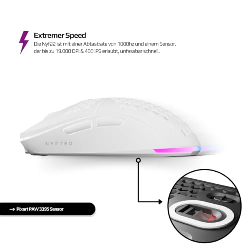 Nyfter - NYF22 Wireless Gaming Mouse mit White-Purple Honeycomb Maus Ultraleicht 75g leistungsstark mit 400mA 19K DPI, 400 IPS 1000 hz 50h Akkulaufzeit langlebig Zwei wechselbare Cases inkl. Bild 2