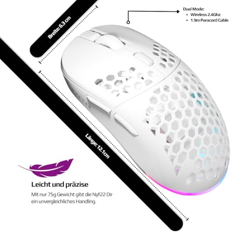 Nyfter - NYF22 Wireless Gaming Mouse mit White-Purple Honeycomb Maus Ultraleicht 75g leistungsstark mit 400mA 19K DPI, 400 IPS 1000 hz 50h Akkulaufzeit langlebig Zwei wechselbare Cases inkl. Bild 5