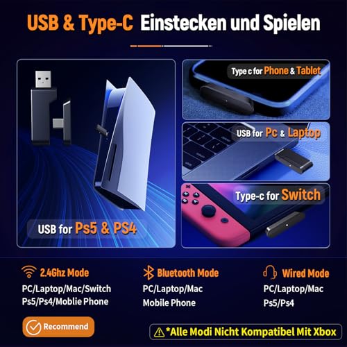 Ozeino OW810 Gaming Headset 40h Akku & Spielen beim Laden, 2.4GHz+BT(≤30ms), 7.1 Surround Sound Wireless Headset Mit Mikrofon für FIFA/CS:GO/Streaming, Kompatibel für PS5/PS4/Switch/Mac, Kristallweiß Bild 2