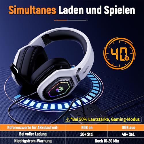 Ozeino OW810 Gaming Headset 40h Akku & Spielen beim Laden, 2.4GHz+BT(≤30ms), 7.1 Surround Sound Wireless Headset Mit Mikrofon für FIFA/CS:GO/Streaming, Kompatibel für PS5/PS4/Switch/Mac, Kristallweiß Bild 3