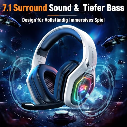 Ozeino OW810 Gaming Headset 40h Akku & Spielen beim Laden, 2.4GHz+BT(≤30ms), 7.1 Surround Sound Wireless Headset Mit Mikrofon für FIFA/CS:GO/Streaming, Kompatibel für PS5/PS4/Switch/Mac, Kristallweiß Bild 4