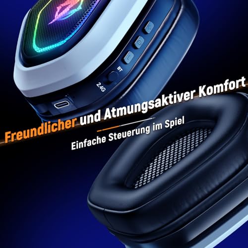Ozeino OW810 Gaming Headset 40h Akku & Spielen beim Laden, 2.4GHz+BT(≤30ms), 7.1 Surround Sound Wireless Headset Mit Mikrofon für FIFA/CS:GO/Streaming, Kompatibel für PS5/PS4/Switch/Mac, Kristallweiß Bild 6