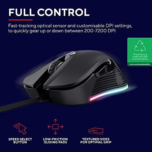 Trust Gaming GXT 922 Ybar Gaming Maus, 68% Recycelten Materialien, RGB LED-Beleuchtung, 6 Programmierbare Tasten, 200-7200 DPI, USB Kabel 2,1 m, PC Maus mit Software für Computer/Laptop - Schwarz Bild 2