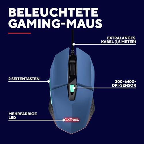 Trust Gaming GXT 109B Felox Gaming Maus mit 6 Programmierbare Tasten, Mehrfarbige LED-Beleuchtung, 200-6400 DPI, USB Kabel 150 cm, PC Maus mit Integrierte Software für Computer/Laptop - Blau Bild 2