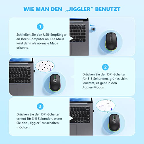 seenda Kabellose Maus mit Jiggler, Wiederaufladbare 2.4G Funkmaus mit Beleuchtung, Leise Wireless Mouse für PC, Laptop, Computer, Windows - 2000 DPI - Schwarz Bild 5