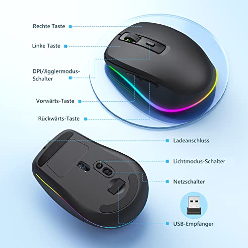 seenda Kabellose Maus mit Jiggler, Wiederaufladbare 2.4G Funkmaus mit Beleuchtung, Leise Wireless Mouse für PC, Laptop, Computer, Windows - 2000 DPI - Schwarz Bild 6
