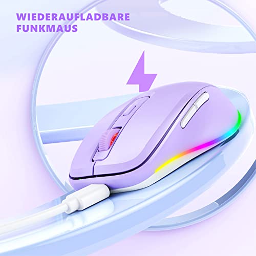 seenda Kabellose LED-Maus, Wiederaufladbar Mit Maus Jiggler, Leise 2.4G USB Funkmaus für Laptop, Computer - Beleuchtet, DPI 2000, für PC, Windows (Lila) Bild 2