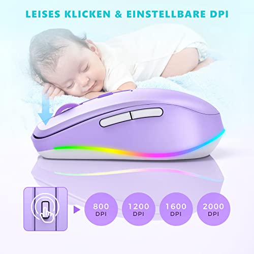 seenda Kabellose LED-Maus, Wiederaufladbar Mit Maus Jiggler, Leise 2.4G USB Funkmaus für Laptop, Computer - Beleuchtet, DPI 2000, für PC, Windows (Lila) Bild 4