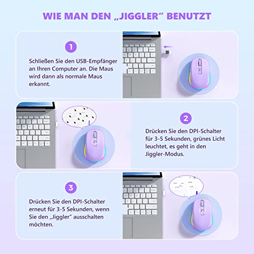 seenda Kabellose LED-Maus, Wiederaufladbar Mit Maus Jiggler, Leise 2.4G USB Funkmaus für Laptop, Computer - Beleuchtet, DPI 2000, für PC, Windows (Lila) Bild 5