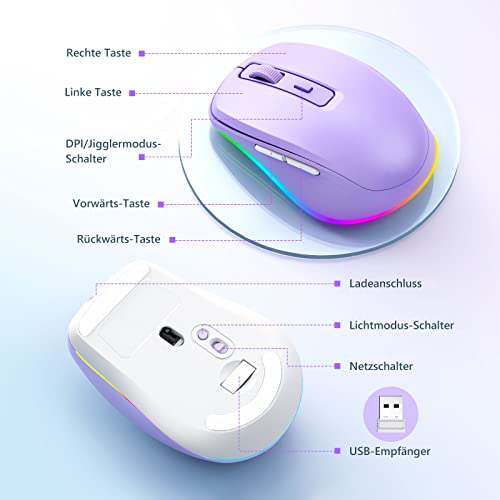 seenda Kabellose LED-Maus, Wiederaufladbar Mit Maus Jiggler, Leise 2.4G USB Funkmaus für Laptop, Computer - Beleuchtet, DPI 2000, für PC, Windows (Lila) Bild 6