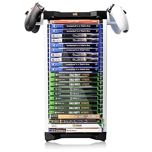 ADZ Game Holder,Speicher für 23 Game oder Blu-Ray Discs,Spielaufbewahrung Tower stapelbar Rack für PS4, Xbox Series X, Switch Games und Blu-Ray Disks. Inklusive 2 Headset oder Controller-Halterungen Bild 3