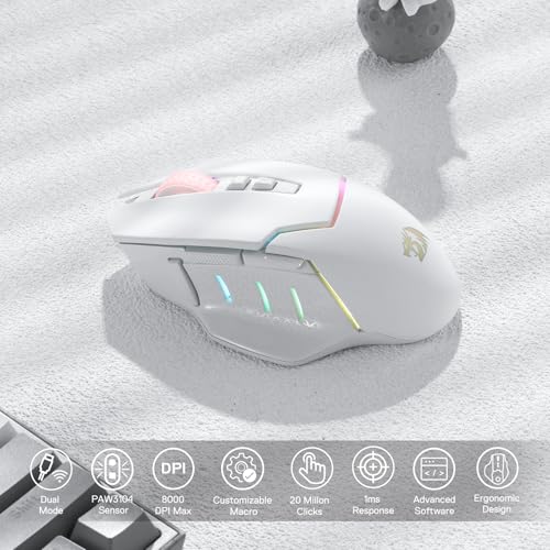 Redragon M690 PRO Kabellose Gaming-Maus, 8000 DPI kabelgebundene/kabellose Maus mit Schnellfeuertaste, 8 Makrotasten, ergonomisches Design für PC/Mac/Laptop, Weiß Bild 3