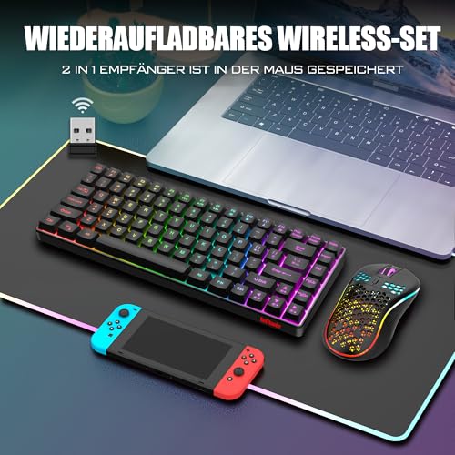 RedThunder 75% Kabelloses Gaming Tastatur und Maus Set, QWERTZ DE Layout, 85 Tasten TKL Wiederaufladbare Kompakte Tastatur, Ultraleichte 7200DPI-Maus mit Wabenkonstruktion für PC MAC PS5 Xbox Gamer Bild 2