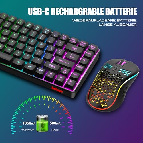 RedThunder 75% Kabelloses Gaming Tastatur und Maus Set, QWERTZ DE Layout, 85 Tasten TKL Wiederaufladbare Kompakte Tastatur, Ultraleichte 7200DPI-Maus mit Wabenkonstruktion für PC MAC PS5 Xbox Gamer Bild 5