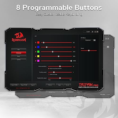 Redragon M810 Pro Kabellose Gaming-Maus, 10000 DPI Kabelgebundene/Kabellose Maus mit Schnellfeuertaste, 8 Makrotasten, 45 Stunden Dauerleistung und RGB-Hintergrundbeleuchtung für PC/Mac/Laptop Bild 7