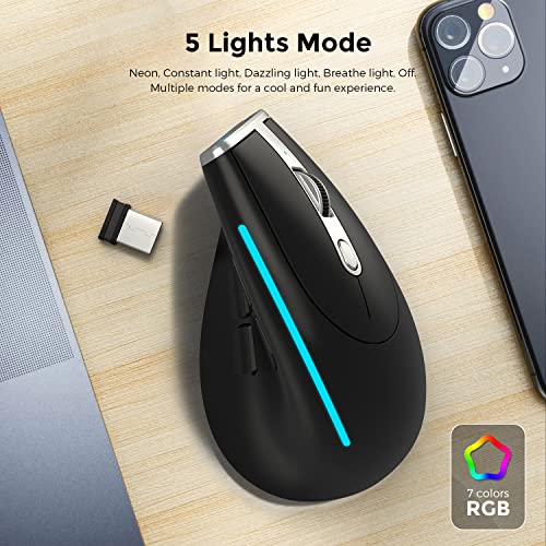 ECHTPower Ergonomische Maus, vertikal, kabellos, Tri-Modi, 2,4 G & Bluetooth, wiederaufladbar, Vertikale Maus für Rechtshänder mit 5 DPI, verstellbar, RGB-Licht, 8 programmierbare Tasten Bild 6