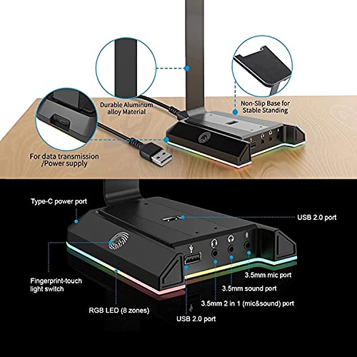 RGB Headphone Stand Gaming Headset Holder with 7.1 Surround/2 USB and 3.5mm Ports Sturdy Stable Compatible with All Standard Sized Headsets Bild 4