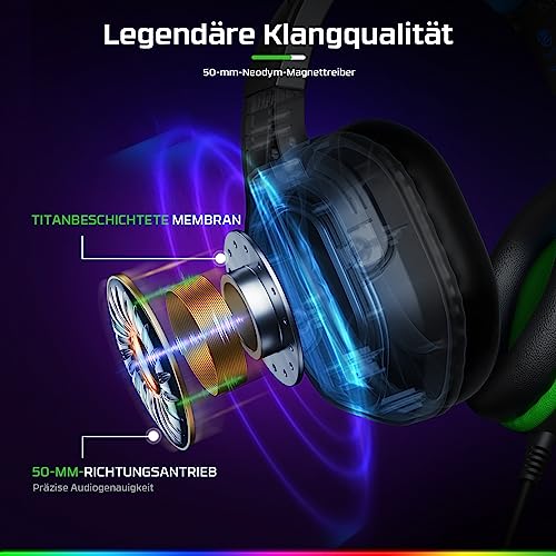 Fachixy FC200 Gaming Headset für PS4, PS5, PC, Xbox, Nintendo Switch, Gaming Headset mit Kabel und RGB Licht, Stereo Surround Kopfhörer mit Mikrofon, Noise Cancelling Headphones - GRÜN Bild 2