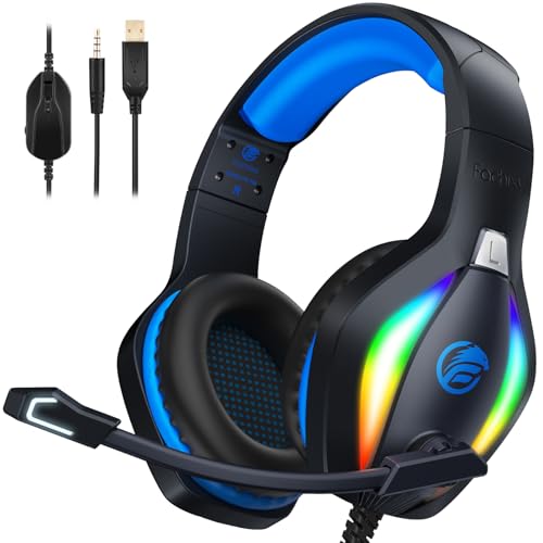 Fachixy FC100 Gaming Headset für PS4, PS5, PC, Xbox, Nintendo Switch, Gaming Kopfhörer mit Kabel und RGB Licht, Stereo Surround Kopfhörer mit Mikrofon, Noise Cancelling Gamer Headphones - BLAU Bild 1