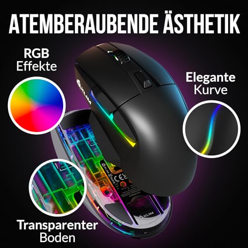 KLIM Blaze X RGB + Wiederaufladbare kabellose Gaming-Maus mit Ladestation + Langlebiger Akku + Bis zu 12000 DPI + Kabelgebundene & kabellose Maus PC, PS5, PS4, Mac + Schwarz Bild 4