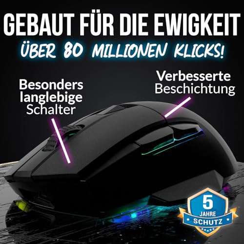 KLIM Blaze X RGB + Wiederaufladbare kabellose Gaming-Maus mit Ladestation + Langlebiger Akku + Bis zu 12000 DPI + Kabelgebundene & kabellose Maus PC, PS5, PS4, Mac + Schwarz Bild 5