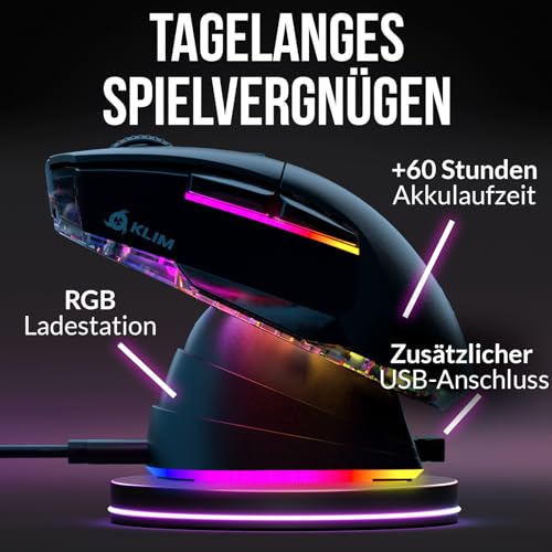 KLIM Blaze X RGB + Wiederaufladbare kabellose Gaming-Maus mit Ladestation + Langlebiger Akku + Bis zu 12000 DPI + Kabelgebundene & kabellose Maus PC, PS5, PS4, Mac + Schwarz Bild 6
