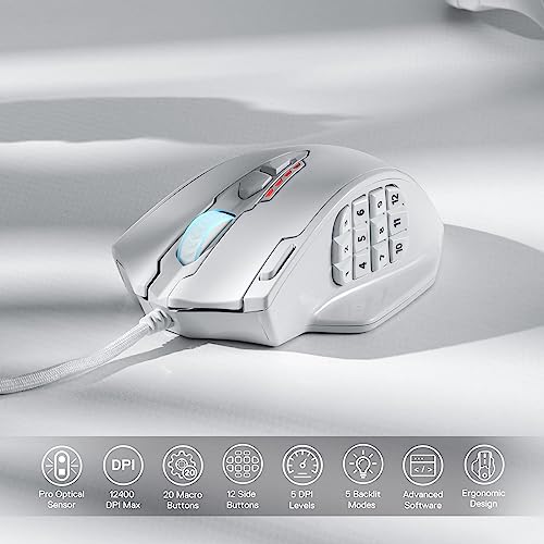 Redragon M908 Impact RGB-LED-MMO-Maus mit seitlichen Tasten, optische kabelgebundene Gaming-Maus mit 12.400 DPI, hohe Präzision, 20 programmierbare Maustasten, Weiß Bild 2