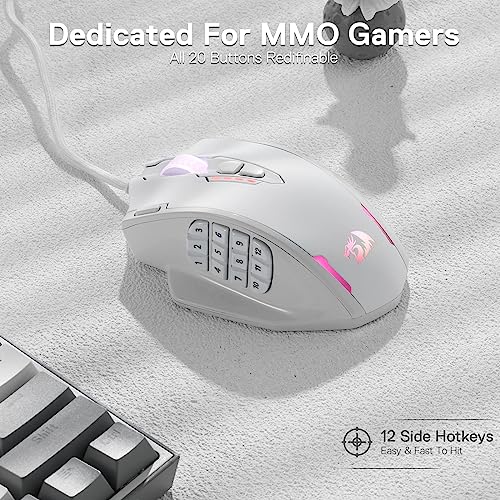 Redragon M908 Impact RGB-LED-MMO-Maus mit seitlichen Tasten, optische kabelgebundene Gaming-Maus mit 12.400 DPI, hohe Präzision, 20 programmierbare Maustasten, Weiß Bild 4