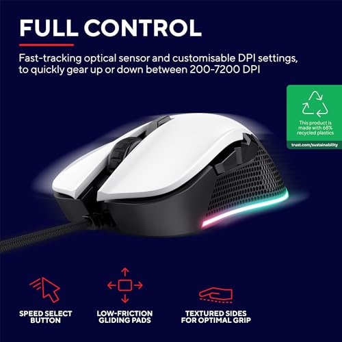 Trust Gaming GXT 922W Ybar Gaming Maus, 68% Recycelten Materialien, RGB LED-Beleuchtung, 6 Programmierbare Tasten, 200-7200 DPI, USB Kabel 2,1 m, PC Maus mit Software für Computer/Laptop - Weiß Bild 2