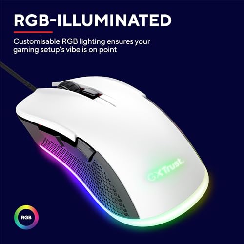 Trust Gaming GXT 922W Ybar Gaming Maus, 68% Recycelten Materialien, RGB LED-Beleuchtung, 6 Programmierbare Tasten, 200-7200 DPI, USB Kabel 2,1 m, PC Maus mit Software für Computer/Laptop - Weiß Bild 4
