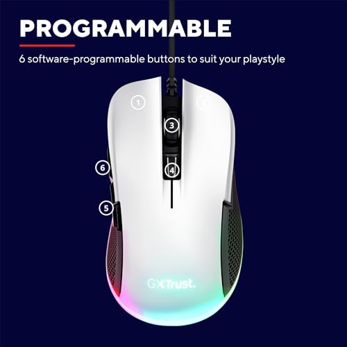Trust Gaming GXT 922W Ybar Gaming Maus, 68% Recycelten Materialien, RGB LED-Beleuchtung, 6 Programmierbare Tasten, 200-7200 DPI, USB Kabel 2,1 m, PC Maus mit Software für Computer/Laptop - Weiß Bild 6