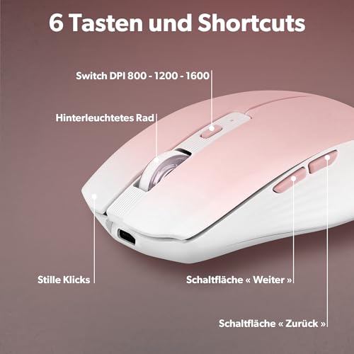 T'nB - Kabellose Maus, Dual Mode Bluetooth und USB-A, Wiederaufladbar, Lange Akkulaufzeit, Leise, 1600 DPI Genauigkeit, 6 Tasten, Kompatibel mit Windows, Linus und MacOs - Pinke Bild 5