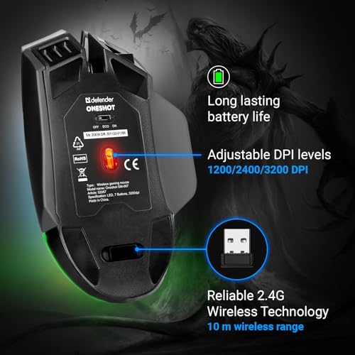 Defender® Oneshot Gaming Maus Kabellos – 2.4 GHz Wireless, 3200 DPI, RGB, 5 Programmierbare Tasten, FIRE-Taste, 100 Std. Akku, USB-C, Ergonomisch, Für PC, Laptop, Gaming Bild 4